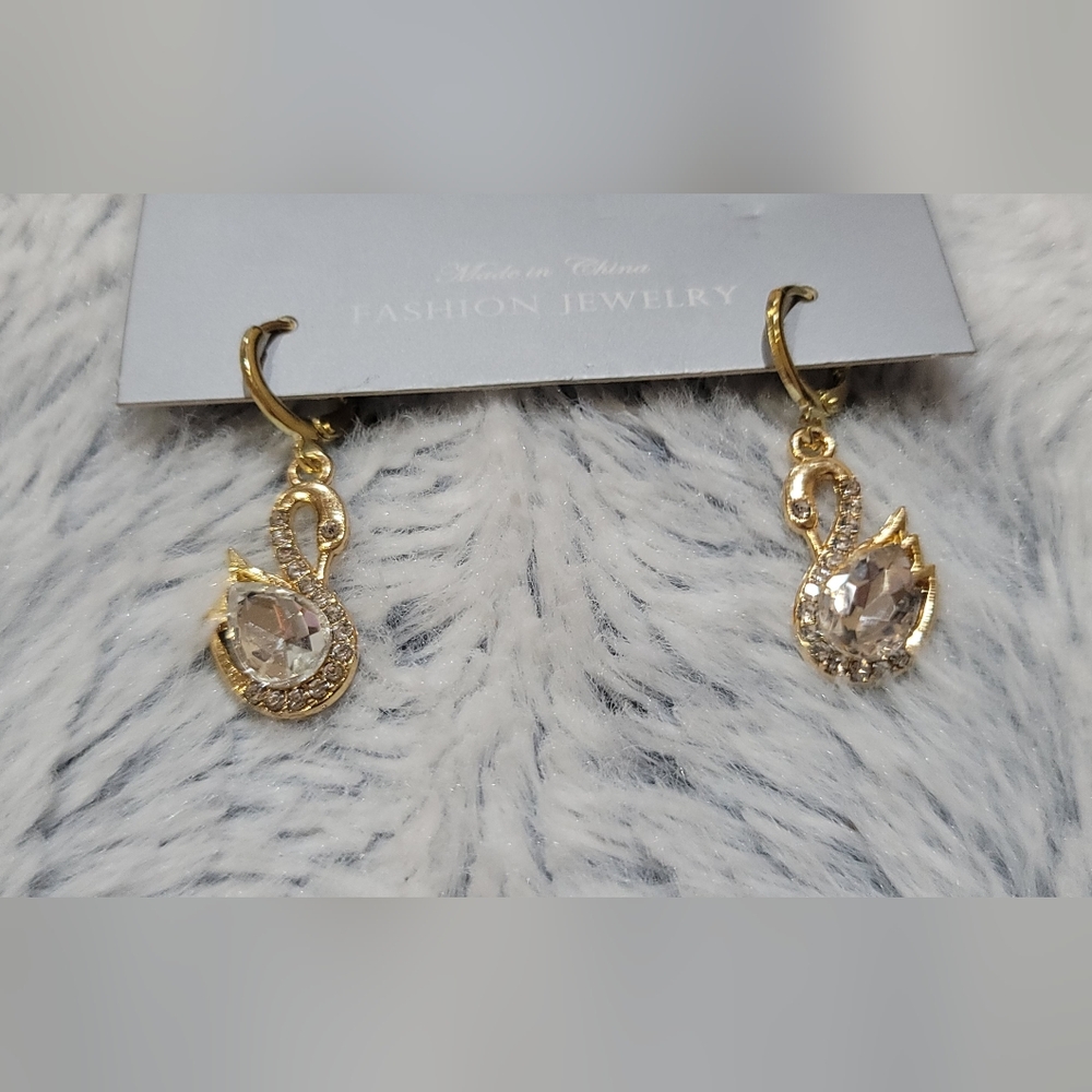 Gold Swan Drop Earrings with Clear Teardrop Crystals